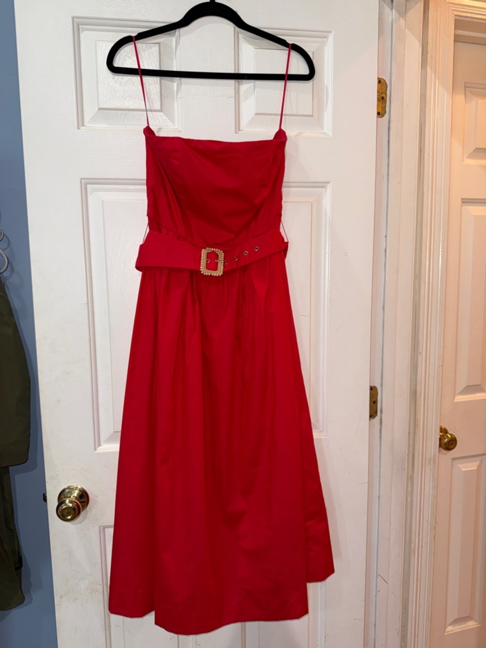 Flying Tomato Red Strapless Midi Dress with Decorative Buckle Belt